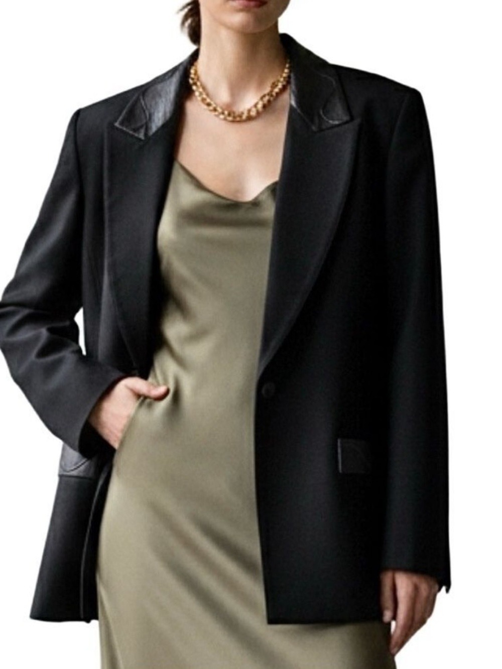 Vintage 80s 90s pure wool black boxy oversized leather trim power blazer 8